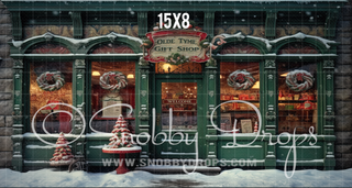 Olde Tyme Vintage Christmas Shop Storefront Fabric Backdrop-Fabric Photography Backdrop-Snobby Drops Fabric Backdrops for Photography, Exclusive Designs by Tara Mapes Photography, Enchanted Eye Creations by Tara Mapes, photography backgrounds, photography backdrops, fast shipping, US backdrops, cheap photography backdrops