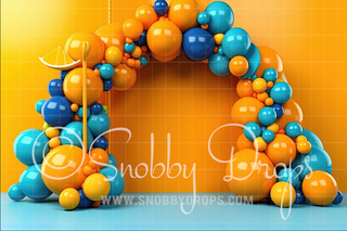 Orange and Blue Balloon Arch Cake Smash Backdrop-Fabric Photography Backdrop-Snobby Drops Fabric Backdrops for Photography, Exclusive Designs by Tara Mapes Photography, Enchanted Eye Creations by Tara Mapes, photography backgrounds, photography backdrops, fast shipping, US backdrops, cheap photography backdrops