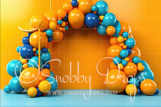 Orange and Blue Balloon Arch Cake Smash Tot Drop-Fabric Photography Tot Drop-Snobby Drops Fabric Backdrops for Photography, Exclusive Designs by Tara Mapes Photography, Enchanted Eye Creations by Tara Mapes, photography backgrounds, photography backdrops, fast shipping, US backdrops, cheap photography backdrops