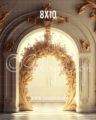 Ornate Archway Gold Fine Art Studio Portrait Fabric Backdrop-Portrait Fabric Photography Backdrop-Snobby Drops Fabric Backdrops for Photography, Exclusive Designs by Tara Mapes Photography, Enchanted Eye Creations by Tara Mapes, photography backgrounds, photography backdrops, fast shipping, US backdrops, cheap photography backdrops