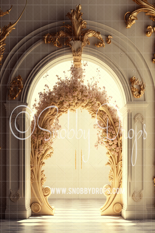 Ornate Archway Gold Fine Art Studio Portrait Fabric Backdrop-Portrait Fabric Photography Backdrop-Snobby Drops Fabric Backdrops for Photography, Exclusive Designs by Tara Mapes Photography, Enchanted Eye Creations by Tara Mapes, photography backgrounds, photography backdrops, fast shipping, US backdrops, cheap photography backdrops