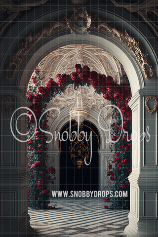 Ornate Archway with Roses Fine Art Studio Portrait Fabric Backdrop-Portrait Fabric Photography Backdrop-Snobby Drops Fabric Backdrops for Photography, Exclusive Designs by Tara Mapes Photography, Enchanted Eye Creations by Tara Mapes, photography backgrounds, photography backdrops, fast shipping, US backdrops, cheap photography backdrops