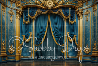 Ornate Baroque Wall with Gold and Blue Fabric Backdrop-Fabric Photography Backdrop-Snobby Drops Fabric Backdrops for Photography, Exclusive Designs by Tara Mapes Photography, Enchanted Eye Creations by Tara Mapes, photography backgrounds, photography backdrops, fast shipping, US backdrops, cheap photography backdrops