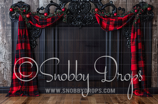 Ornate Black and Red Plaid Christmas Bed Headboard Fabric Backdrop-Fabric Photography Backdrop-Snobby Drops Fabric Backdrops for Photography, Exclusive Designs by Tara Mapes Photography, Enchanted Eye Creations by Tara Mapes, photography backgrounds, photography backdrops, fast shipping, US backdrops, cheap photography backdrops
