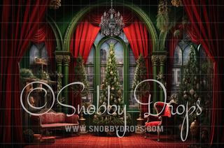 Ornate Christmas Room with Red Curtains Fabric Backdrop-Fabric Photography Backdrop-Snobby Drops Fabric Backdrops for Photography, Exclusive Designs by Tara Mapes Photography, Enchanted Eye Creations by Tara Mapes, photography backgrounds, photography backdrops, fast shipping, US backdrops, cheap photography backdrops
