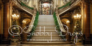 Ornate Christmas Staircase Fabric Backdrop-Fabric Photography Backdrop-Snobby Drops Fabric Backdrops for Photography, Exclusive Designs by Tara Mapes Photography, Enchanted Eye Creations by Tara Mapes, photography backgrounds, photography backdrops, fast shipping, US backdrops, cheap photography backdrops