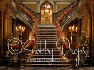 Ornate Christmas Staircase Fabric Backdrop-Fabric Photography Backdrop-Snobby Drops Fabric Backdrops for Photography, Exclusive Designs by Tara Mapes Photography, Enchanted Eye Creations by Tara Mapes, photography backgrounds, photography backdrops, fast shipping, US backdrops, cheap photography backdrops