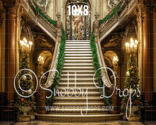 Ornate Christmas Staircase Fabric Backdrop-Fabric Photography Backdrop-Snobby Drops Fabric Backdrops for Photography, Exclusive Designs by Tara Mapes Photography, Enchanted Eye Creations by Tara Mapes, photography backgrounds, photography backdrops, fast shipping, US backdrops, cheap photography backdrops