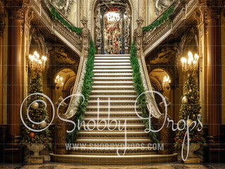 Ornate Christmas Staircase Fabric Backdrop-Fabric Photography Backdrop-Snobby Drops Fabric Backdrops for Photography, Exclusive Designs by Tara Mapes Photography, Enchanted Eye Creations by Tara Mapes, photography backgrounds, photography backdrops, fast shipping, US backdrops, cheap photography backdrops