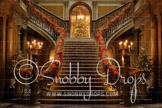 Ornate Christmas Staircase Fabric Backdrop-Fabric Photography Backdrop-Snobby Drops Fabric Backdrops for Photography, Exclusive Designs by Tara Mapes Photography, Enchanted Eye Creations by Tara Mapes, photography backgrounds, photography backdrops, fast shipping, US backdrops, cheap photography backdrops