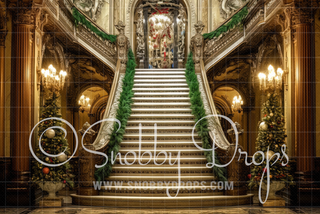 Ornate Christmas Staircase Fabric Backdrop-Fabric Photography Backdrop-Snobby Drops Fabric Backdrops for Photography, Exclusive Designs by Tara Mapes Photography, Enchanted Eye Creations by Tara Mapes, photography backgrounds, photography backdrops, fast shipping, US backdrops, cheap photography backdrops