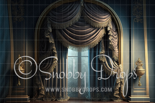 Ornate Curtains in Room Fabric Backdrop-Fabric Photography Backdrop-Snobby Drops Fabric Backdrops for Photography, Exclusive Designs by Tara Mapes Photography, Enchanted Eye Creations by Tara Mapes, photography backgrounds, photography backdrops, fast shipping, US backdrops, cheap photography backdrops