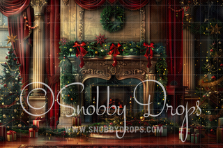 Ornate Gold and Red Christmas Fireplace Mantle Fabric Backdrop-Fabric Photography Backdrop-Snobby Drops Fabric Backdrops for Photography, Exclusive Designs by Tara Mapes Photography, Enchanted Eye Creations by Tara Mapes, photography backgrounds, photography backdrops, fast shipping, US backdrops, cheap photography backdrops