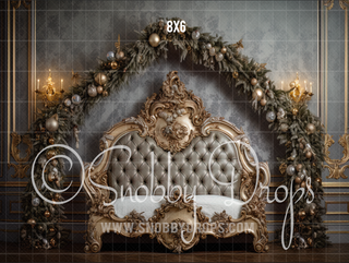 Ornate Gold Christmas Bed Headboard Fabric Backdrop-Fabric Photography Backdrop-Snobby Drops Fabric Backdrops for Photography, Exclusive Designs by Tara Mapes Photography, Enchanted Eye Creations by Tara Mapes, photography backgrounds, photography backdrops, fast shipping, US backdrops, cheap photography backdrops