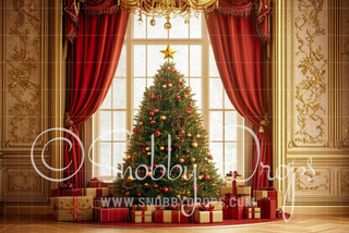 Ornate Gold Christmas Tree Room Fabric Backdrop-Fabric Photography Backdrop-Snobby Drops Fabric Backdrops for Photography, Exclusive Designs by Tara Mapes Photography, Enchanted Eye Creations by Tara Mapes, photography backgrounds, photography backdrops, fast shipping, US backdrops, cheap photography backdrops