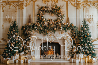 Ornate Gold Christmas Fireplace Fabric Backdrop-Fabric Photography Backdrop-Snobby Drops Fabric Backdrops for Photography, Exclusive Designs by Tara Mapes Photography, Enchanted Eye Creations by Tara Mapes, photography backgrounds, photography backdrops, fast shipping, US backdrops, cheap photography backdrops