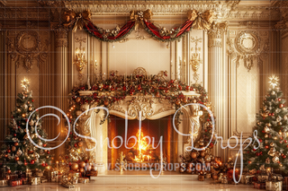 Ornate Ivory and Gold Christmas Fireplace Fabric Backdrop-Fabric Photography Backdrop-Snobby Drops Fabric Backdrops for Photography, Exclusive Designs by Tara Mapes Photography, Enchanted Eye Creations by Tara Mapes, photography backgrounds, photography backdrops, fast shipping, US backdrops, cheap photography backdrops