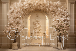 Ornate Ivory Door with Flowers Fabric Backdrop-Fabric Photography Backdrop-Snobby Drops Fabric Backdrops for Photography, Exclusive Designs by Tara Mapes Photography, Enchanted Eye Creations by Tara Mapes, photography backgrounds, photography backdrops, fast shipping, US backdrops, cheap photography backdrops