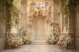 Ornate Ivory Door with Pink Flowers Fabric Backdrop-Fabric Photography Backdrop-Snobby Drops Fabric Backdrops for Photography, Exclusive Designs by Tara Mapes Photography, Enchanted Eye Creations by Tara Mapes, photography backgrounds, photography backdrops, fast shipping, US backdrops, cheap photography backdrops