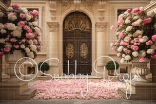 Ornate Ivory Door with Pink Flowers Fabric Backdrop-Fabric Photography Backdrop-Snobby Drops Fabric Backdrops for Photography, Exclusive Designs by Tara Mapes Photography, Enchanted Eye Creations by Tara Mapes, photography backgrounds, photography backdrops, fast shipping, US backdrops, cheap photography backdrops