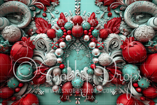 Ornate Mint and Red Christmas Design Fabric Backdrop-Fabric Photography Backdrop-Snobby Drops Fabric Backdrops for Photography, Exclusive Designs by Tara Mapes Photography, Enchanted Eye Creations by Tara Mapes, photography backgrounds, photography backdrops, fast shipping, US backdrops, cheap photography backdrops