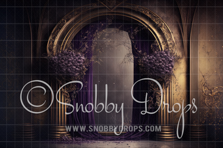 Ornate Purple and Gold Room Arch with Curtains Fabric Backdrop-Fabric Photography Backdrop-Snobby Drops Fabric Backdrops for Photography, Exclusive Designs by Tara Mapes Photography, Enchanted Eye Creations by Tara Mapes, photography backgrounds, photography backdrops, fast shipping, US backdrops, cheap photography backdrops