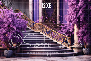 Ornate Purple Floral Stairs Fabric Backdrop-Fabric Photography Backdrop-Snobby Drops Fabric Backdrops for Photography, Exclusive Designs by Tara Mapes Photography, Enchanted Eye Creations by Tara Mapes, photography backgrounds, photography backdrops, fast shipping, US backdrops, cheap photography backdrops