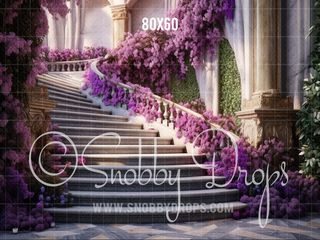 Ornate Purple Floral Stairs Fabric Backdrop-Fabric Photography Backdrop-Snobby Drops Fabric Backdrops for Photography, Exclusive Designs by Tara Mapes Photography, Enchanted Eye Creations by Tara Mapes, photography backgrounds, photography backdrops, fast shipping, US backdrops, cheap photography backdrops