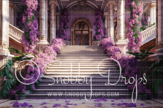 Ornate Purple Floral Stairs Fabric Backdrop-Fabric Photography Backdrop-Snobby Drops Fabric Backdrops for Photography, Exclusive Designs by Tara Mapes Photography, Enchanted Eye Creations by Tara Mapes, photography backgrounds, photography backdrops, fast shipping, US backdrops, cheap photography backdrops