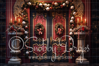 Ornate Red and Black Christmas Door Fabric Backdrop-Fabric Photography Backdrop-Snobby Drops Fabric Backdrops for Photography, Exclusive Designs by Tara Mapes Photography, Enchanted Eye Creations by Tara Mapes, photography backgrounds, photography backdrops, fast shipping, US backdrops, cheap photography backdrops