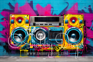 Painted Graffiti 80s Boombox Fabric Backdrop-Fabric Photography Backdrop-Snobby Drops Fabric Backdrops for Photography, Exclusive Designs by Tara Mapes Photography, Enchanted Eye Creations by Tara Mapes, photography backgrounds, photography backdrops, fast shipping, US backdrops, cheap photography backdrops