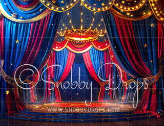Painterly Blue and Red Circus Stage Fabric Backdrop-Fabric Photography Backdrop-Snobby Drops Fabric Backdrops for Photography, Exclusive Designs by Tara Mapes Photography, Enchanted Eye Creations by Tara Mapes, photography backgrounds, photography backdrops, fast shipping, US backdrops, cheap photography backdrops