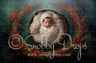 Painterly Christmas Holly Wreath Newborn Fabric Wee Drop-Fabric Photography Backdrop-Snobby Drops Fabric Backdrops for Photography, Exclusive Designs by Tara Mapes Photography, Enchanted Eye Creations by Tara Mapes, photography backgrounds, photography backdrops, fast shipping, US backdrops, cheap photography backdrops