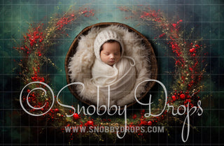 Painterly Christmas Holly Wreath Newborn Rubber Backed Floor Drop-Newborn Rubber Backed Photography Floor-Snobby Drops Fabric Backdrops for Photography, Exclusive Designs by Tara Mapes Photography, Enchanted Eye Creations by Tara Mapes, photography backgrounds, photography backdrops, fast shipping, US backdrops, cheap photography backdrops
