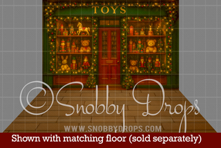 Painterly Christmas Toy Shop Storefront Fabric Backdrop-Fabric Photography Backdrop-Snobby Drops Fabric Backdrops for Photography, Exclusive Designs by Tara Mapes Photography, Enchanted Eye Creations by Tara Mapes, photography backgrounds, photography backdrops, fast shipping, US backdrops, cheap photography backdrops