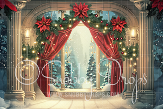 Painterly Poinsettia Winter Christmas Window Fabric Backdrop-Fabric Photography Backdrop-Snobby Drops Fabric Backdrops for Photography, Exclusive Designs by Tara Mapes Photography, Enchanted Eye Creations by Tara Mapes, photography backgrounds, photography backdrops, fast shipping, US backdrops, cheap photography backdrops