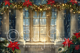 Painterly Poinsettias Christmas Window Fabric Backdrop-Fabric Photography Backdrop-Snobby Drops Fabric Backdrops for Photography, Exclusive Designs by Tara Mapes Photography, Enchanted Eye Creations by Tara Mapes, photography backgrounds, photography backdrops, fast shipping, US backdrops, cheap photography backdrops