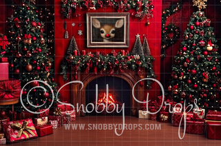 Painterly Vintage Christmas Fireplace With Rudolph Painting Fabric Backdrop-Fabric Photography Backdrop-Snobby Drops Fabric Backdrops for Photography, Exclusive Designs by Tara Mapes Photography, Enchanted Eye Creations by Tara Mapes, photography backgrounds, photography backdrops, fast shipping, US backdrops, cheap photography backdrops