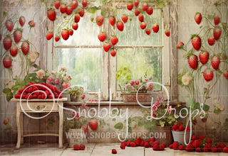 Painterly Vintage Strawberry Window Fabric Backdrop-Fabric Photography Backdrop-Snobby Drops Fabric Backdrops for Photography, Exclusive Designs by Tara Mapes Photography, Enchanted Eye Creations by Tara Mapes, photography backgrounds, photography backdrops, fast shipping, US backdrops, cheap photography backdrops