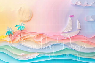 Paper Art Colorful Beach Boat Backdrop-Fabric Photography Backdrop-Snobby Drops Fabric Backdrops for Photography, Exclusive Designs by Tara Mapes Photography, Enchanted Eye Creations by Tara Mapes, photography backgrounds, photography backdrops, fast shipping, US backdrops, cheap photography backdrops