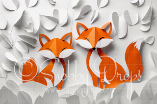 Paper Art Foxes on White Fabric Backdrop-Fabric Photography Backdrop-Snobby Drops Fabric Backdrops for Photography, Exclusive Designs by Tara Mapes Photography, Enchanted Eye Creations by Tara Mapes, photography backgrounds, photography backdrops, fast shipping, US backdrops, cheap photography backdrops