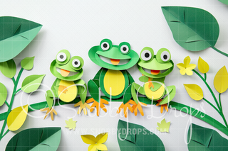 Paper Art Frogs on White Fabric Backdrop-Fabric Photography Backdrop-Snobby Drops Fabric Backdrops for Photography, Exclusive Designs by Tara Mapes Photography, Enchanted Eye Creations by Tara Mapes, photography backgrounds, photography backdrops, fast shipping, US backdrops, cheap photography backdrops