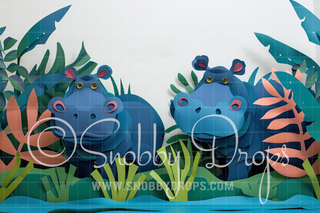 Paper Art Hippos on White Fabric Backdrop-Fabric Photography Backdrop-Snobby Drops Fabric Backdrops for Photography, Exclusive Designs by Tara Mapes Photography, Enchanted Eye Creations by Tara Mapes, photography backgrounds, photography backdrops, fast shipping, US backdrops, cheap photography backdrops