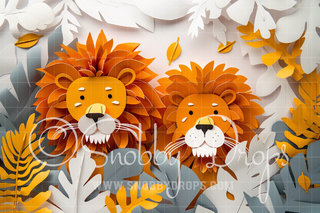 Paper Art Lions on White Fabric Backdrop-Fabric Photography Backdrop-Snobby Drops Fabric Backdrops for Photography, Exclusive Designs by Tara Mapes Photography, Enchanted Eye Creations by Tara Mapes, photography backgrounds, photography backdrops, fast shipping, US backdrops, cheap photography backdrops