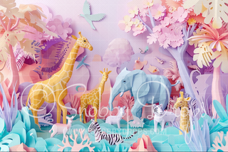 Paper Art Pastel Animals Safari Backdrop-Fabric Photography Backdrop-Snobby Drops Fabric Backdrops for Photography, Exclusive Designs by Tara Mapes Photography, Enchanted Eye Creations by Tara Mapes, photography backgrounds, photography backdrops, fast shipping, US backdrops, cheap photography backdrops