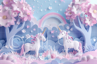 Paper Art Pastel Unicorns Enchanted Fabric Backdrop-Fabric Photography Backdrop-Snobby Drops Fabric Backdrops for Photography, Exclusive Designs by Tara Mapes Photography, Enchanted Eye Creations by Tara Mapes, photography backgrounds, photography backdrops, fast shipping, US backdrops, cheap photography backdrops