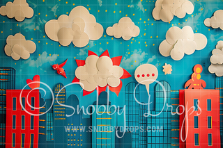 Paper Art Superhero City Backdrop-Fabric Photography Backdrop-Snobby Drops Fabric Backdrops for Photography, Exclusive Designs by Tara Mapes Photography, Enchanted Eye Creations by Tara Mapes, photography backgrounds, photography backdrops, fast shipping, US backdrops, cheap photography backdrops