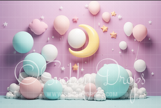 Pastel Balloon Moon Birthday Tot Drop-Fabric Photography Backdrop-Snobby Drops Fabric Backdrops for Photography, Exclusive Designs by Tara Mapes Photography, Enchanted Eye Creations by Tara Mapes, photography backgrounds, photography backdrops, fast shipping, US backdrops, cheap photography backdrops