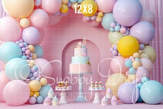 Pastel Balloons and Cake Arch Backdrop-Fabric Photography Backdrop-Snobby Drops Fabric Backdrops for Photography, Exclusive Designs by Tara Mapes Photography, Enchanted Eye Creations by Tara Mapes, photography backgrounds, photography backdrops, fast shipping, US backdrops, cheap photography backdrops