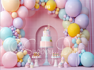 Pastel Balloons and Cake Arch Backdrop-Fabric Photography Backdrop-Snobby Drops Fabric Backdrops for Photography, Exclusive Designs by Tara Mapes Photography, Enchanted Eye Creations by Tara Mapes, photography backgrounds, photography backdrops, fast shipping, US backdrops, cheap photography backdrops